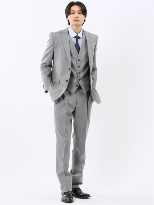 光沢ウール混 レギュラーフィット 2ボタン3ピーススーツ ストライプグレー