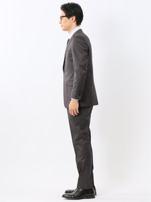 光沢ウール混 スリムフィット 2ボタン2ピーススーツ 無地グレー