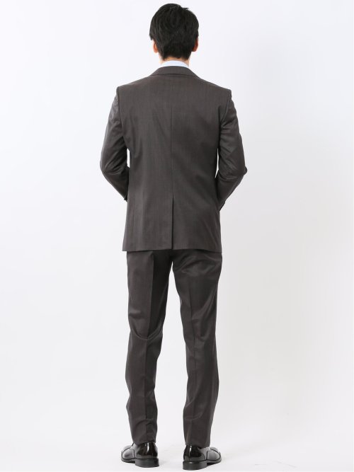 光沢ウール混 スリムフィット 2ボタン2ピーススーツ 無地グレー