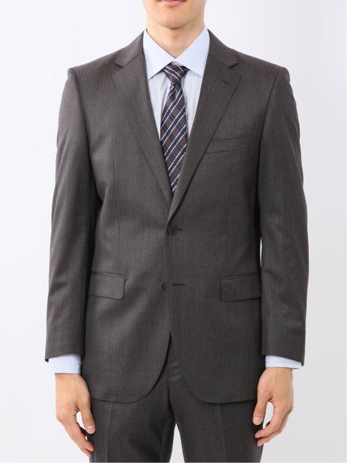 光沢ウール混 スリムフィット 2ボタン2ピーススーツ 無地グレー