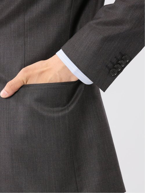 光沢ウール混 スリムフィット 2ボタン2ピーススーツ 無地グレー