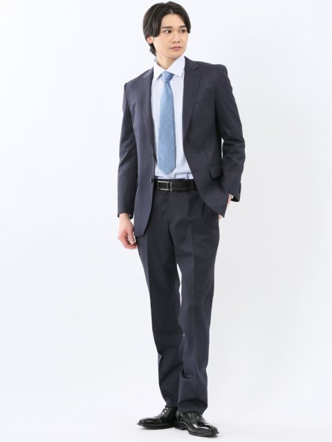 光沢ウール混 スリムフィット 2ボタン2ピーススーツ チェック紺