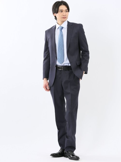 光沢ウール混 スリムフィット 2ボタン2ピーススーツ チェック紺