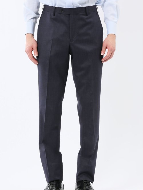 光沢ウール混 スリムフィット 2ボタン2ピーススーツ チェック紺