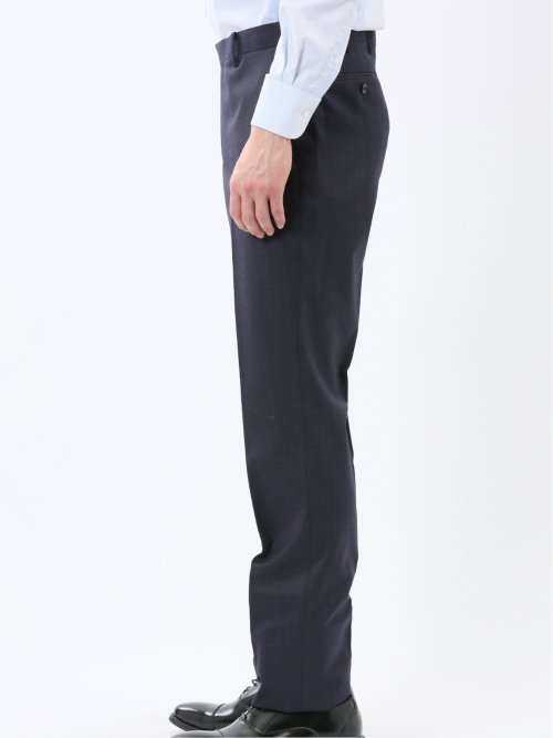 光沢ウール混 スリムフィット 2ボタン2ピーススーツ チェック紺