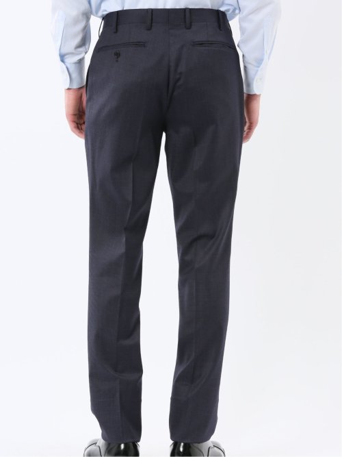 光沢ウール混 スリムフィット 2ボタン2ピーススーツ チェック紺