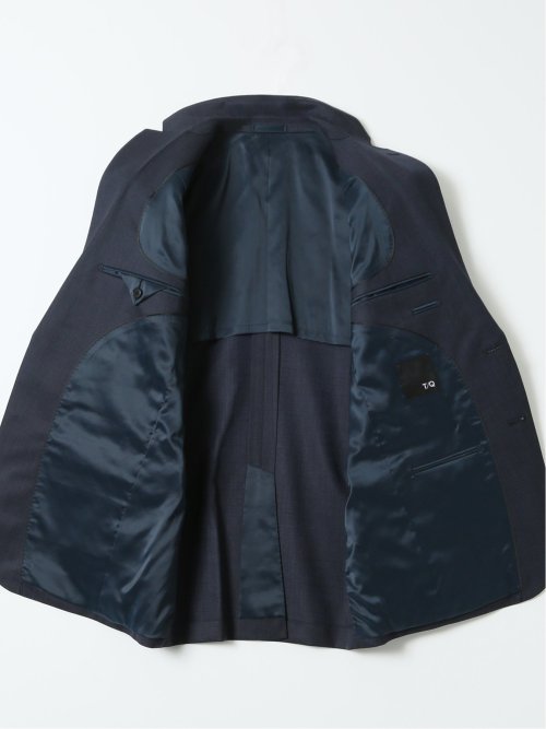 光沢ウール混 スリムフィット 2ボタン2ピーススーツ チェック紺