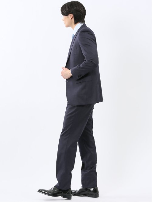 光沢ウール混 スリムフィット 2ボタン2ピーススーツ チェック紺