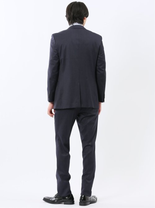 光沢ウール混 スリムフィット 2ボタン2ピーススーツ チェック紺