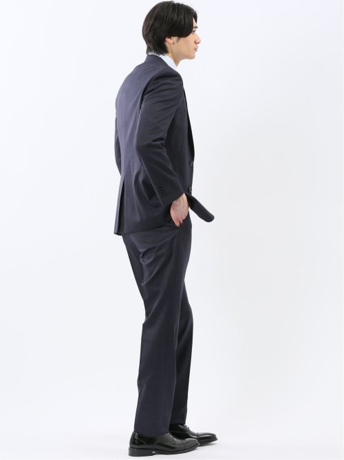 光沢ウール混 スリムフィット 2ボタン2ピーススーツ チェック紺