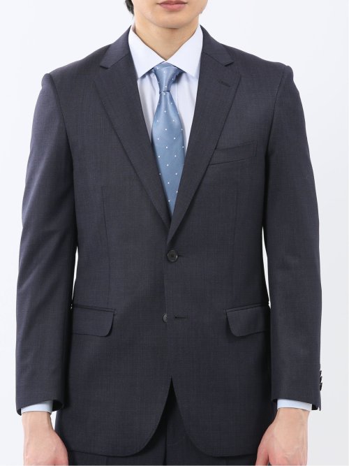 光沢ウール混 スリムフィット 2ボタン2ピーススーツ チェック紺