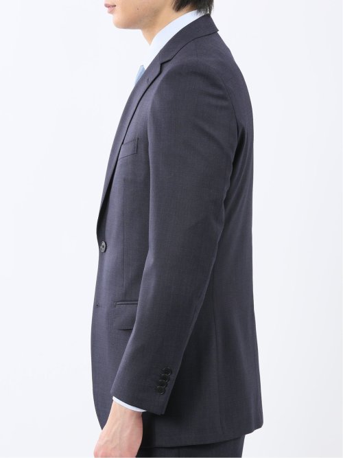 光沢ウール混 スリムフィット 2ボタン2ピーススーツ チェック紺