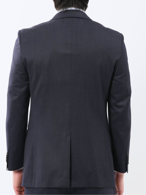 光沢ウール混 スリムフィット 2ボタン2ピーススーツ チェック紺