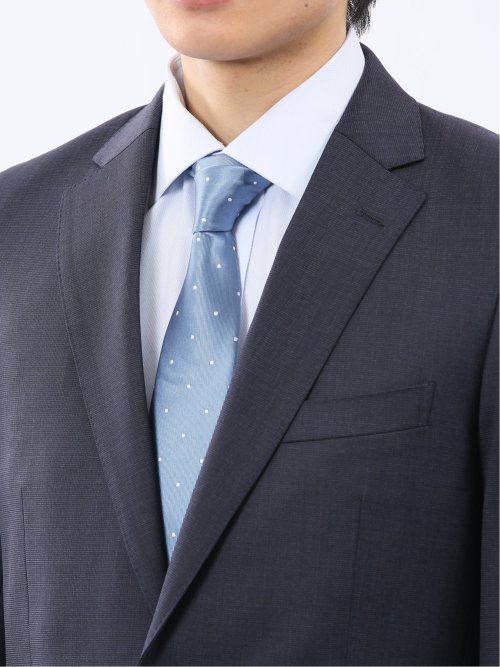 光沢ウール混 スリムフィット 2ボタン2ピーススーツ チェック紺