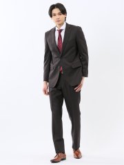 光沢ウール混 スリムフィット 2ボタン2ピーススーツ 組織こげ茶