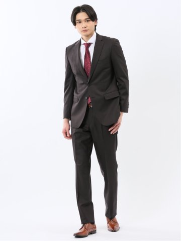 光沢ウール混 スリムフィット 2ボタン2ピーススーツ 組織こげ茶
