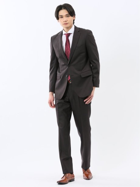 光沢ウール混 スリムフィット 2ボタン2ピーススーツ 組織こげ茶