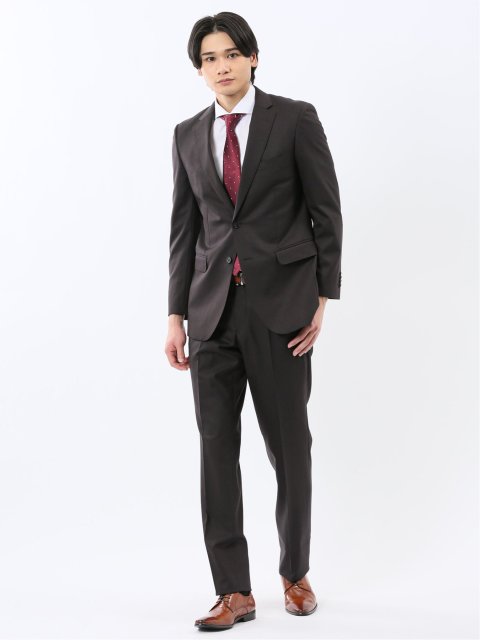 光沢ウール混 スリムフィット 2ボタン2ピーススーツ 組織こげ茶