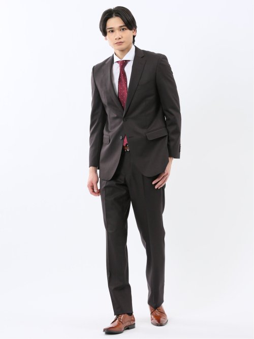 光沢ウール混 スリムフィット 2ボタン2ピーススーツ 組織こげ茶