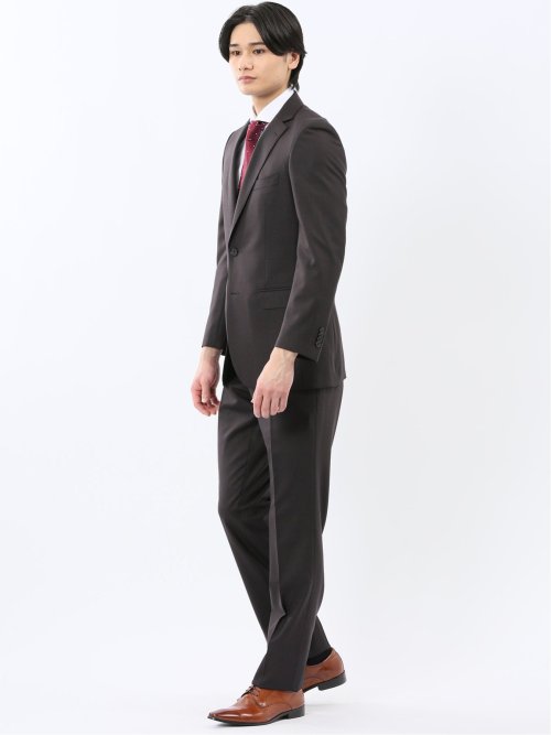 光沢ウール混 スリムフィット 2ボタン2ピーススーツ 組織こげ茶