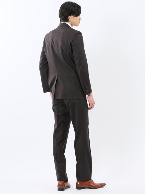 光沢ウール混 スリムフィット 2ボタン2ピーススーツ 組織こげ茶