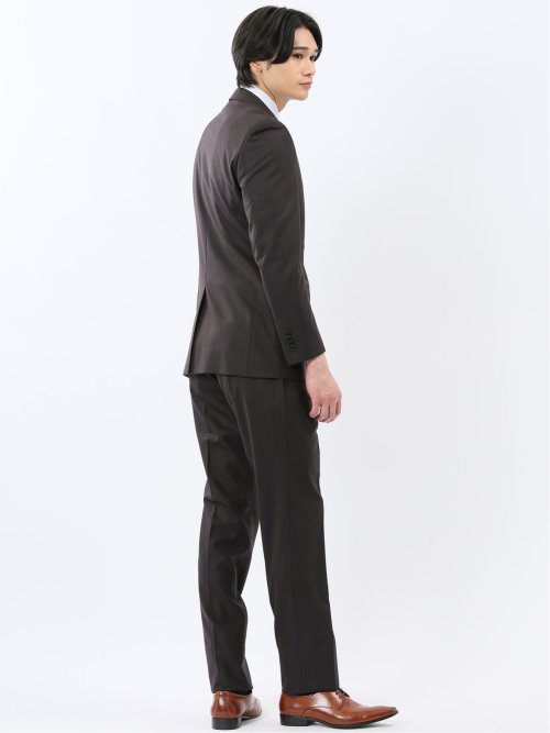 光沢ウール混 スリムフィット 2ボタン2ピーススーツ 組織こげ茶