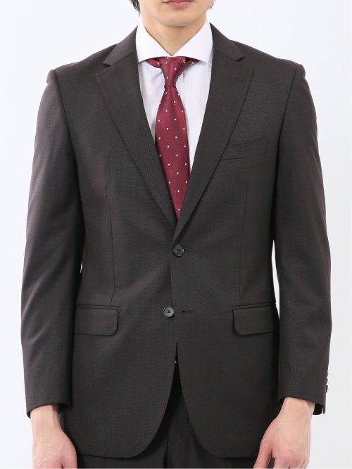 光沢ウール混 スリムフィット 2ボタン2ピーススーツ 組織こげ茶