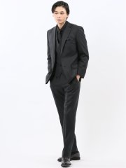 光沢ウール混 スリムフィット 2ボタン3ピーススーツ 組織黒