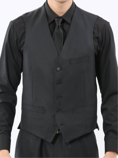 光沢ウール混 スリムフィット 2ボタン3ピーススーツ 組織黒