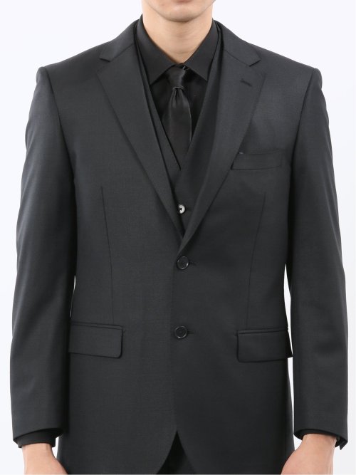 光沢ウール混 スリムフィット 2ボタン3ピーススーツ 組織黒