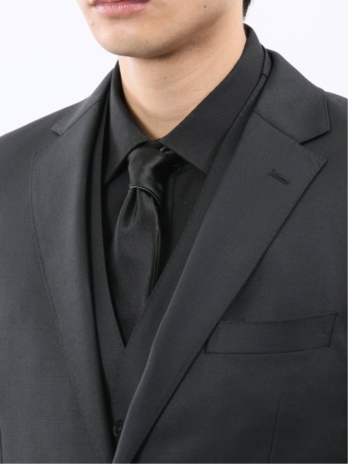 光沢ウール混 スリムフィット 2ボタン3ピーススーツ 組織黒
