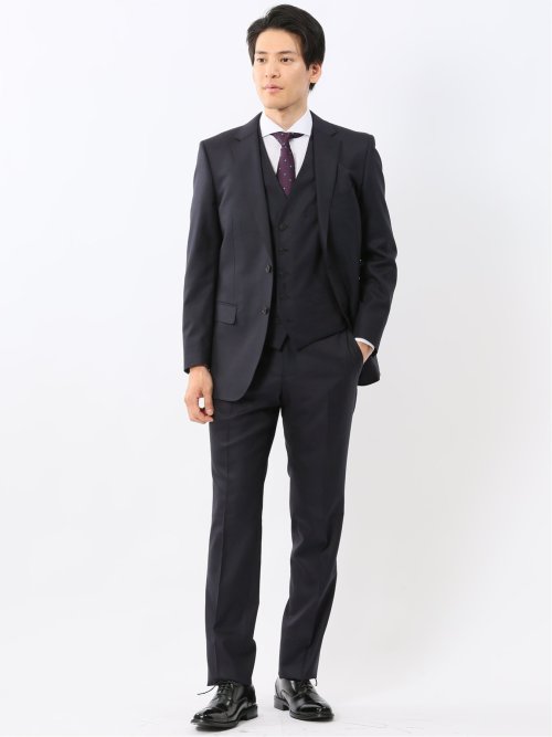 光沢ウール混 スリムフィット 2ボタン4ピース6WAYスーツ 組織紺