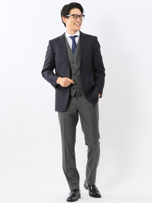 光沢ウール混 スリムフィット 2ボタン4ピース6WAYスーツ 組織紺