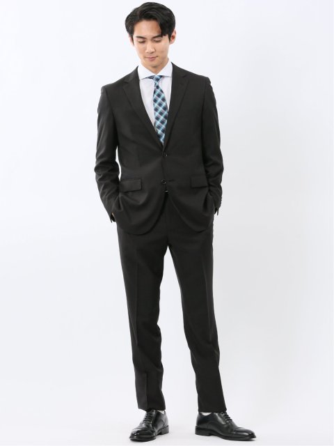 ストレッチウォッシャブル スリムフィット 2ボタン2ピーススーツ 組織黒