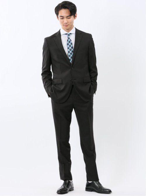 ストレッチウォッシャブル スリムフィット 2ボタン2ピーススーツ 組織黒