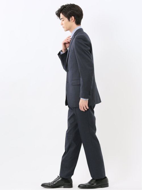 ウール調 ストレッチウォッシャブル スリムフィット 2ボタン2ピーススーツ チェック紺