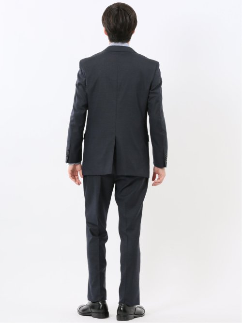 ウール調 ストレッチウォッシャブル スリムフィット 2ボタン2ピーススーツ チェック紺