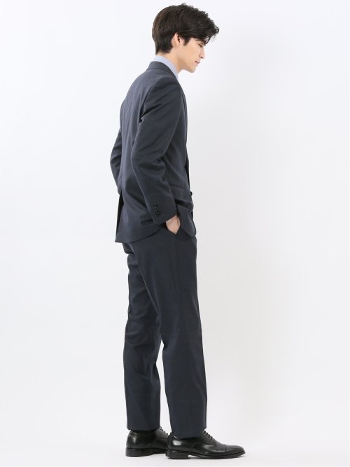 ウール調 ストレッチウォッシャブル スリムフィット 2ボタン2ピーススーツ チェック紺