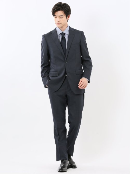 ウール調 ストレッチウォッシャブル スリムフィット 2ボタン2ピーススーツ チェック紺