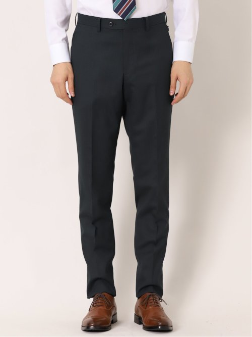 ウール混 スリムフィット 2ボタン3ピーススーツ 杢ヘリンボン紺