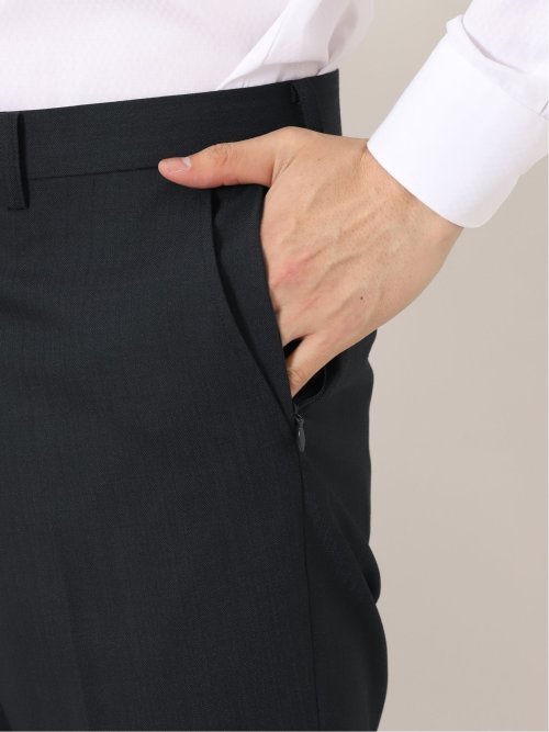 ウール混 スリムフィット 2ボタン3ピーススーツ 杢ヘリンボン紺