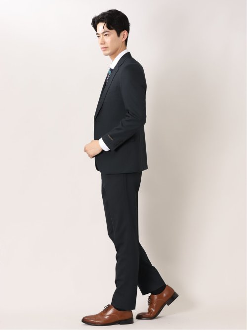 ウール混 スリムフィット 2ボタン3ピーススーツ 杢ヘリンボン紺