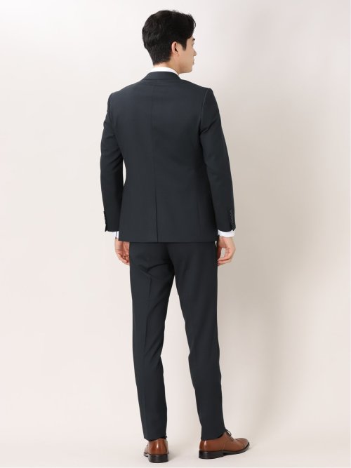 ウール混 スリムフィット 2ボタン3ピーススーツ 杢ヘリンボン紺