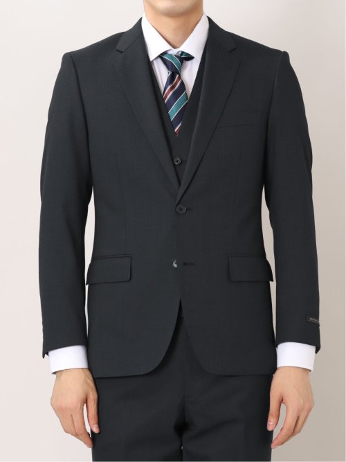 ウール混 スリムフィット 2ボタン3ピーススーツ 杢ヘリンボン紺