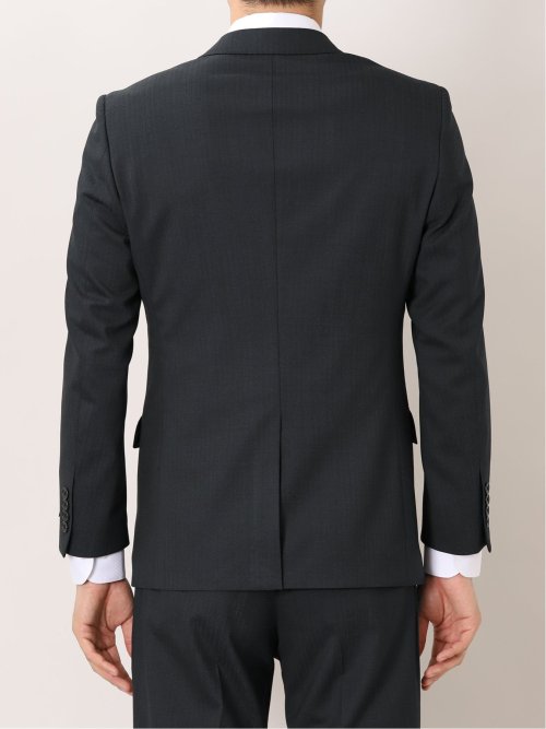 ウール混 スリムフィット 2ボタン3ピーススーツ 杢ヘリンボン紺