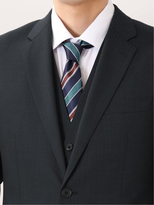 ウール混 スリムフィット 2ボタン3ピーススーツ 杢ヘリンボン紺