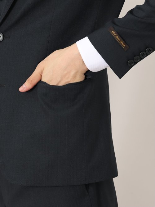 ウール混 スリムフィット 2ボタン3ピーススーツ 杢ヘリンボン紺