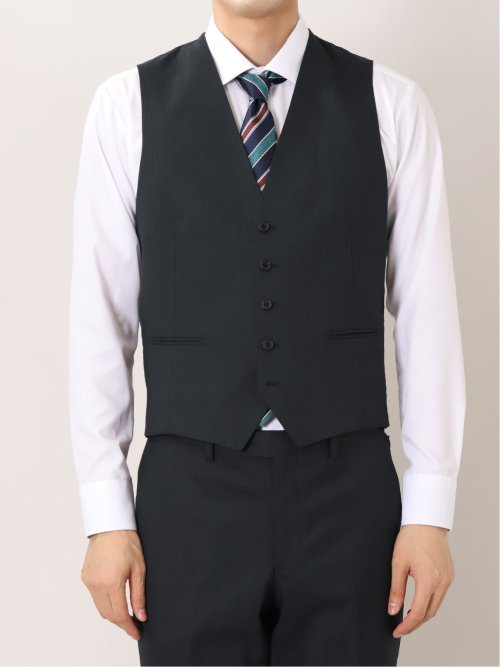 ウール混 スリムフィット 2ボタン3ピーススーツ 杢ヘリンボン紺