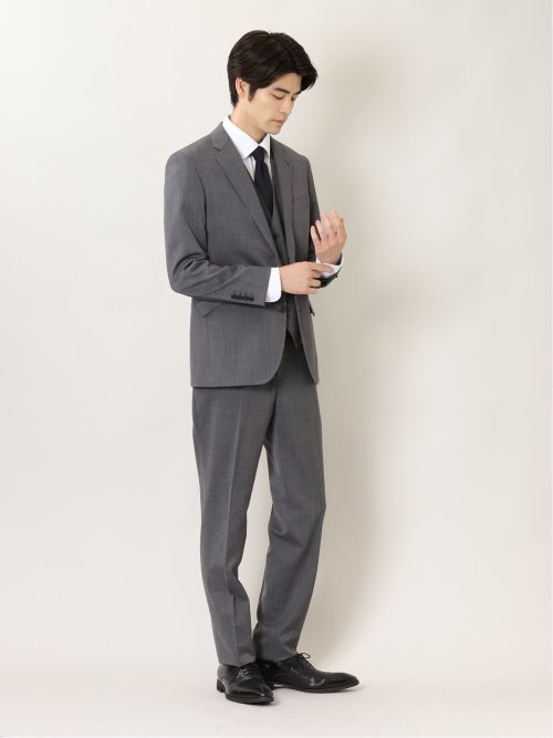 ウール混 スリムフィット 2ボタン3ピーススーツ ヘリンボングレー