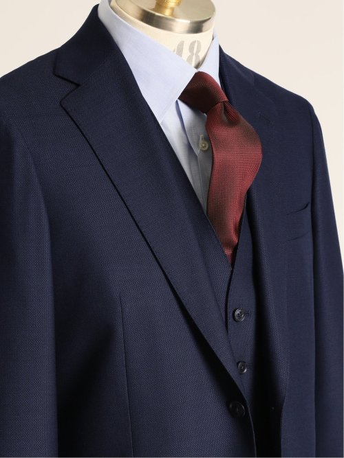 シルク混ウール レギュラーフィット 2ボタン3ピーススーツ 組織紺